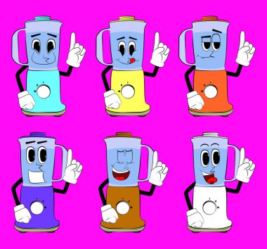 Yemek karıştırıcısı, yüzü olan bir çizgi film karakteri olarak bir noktaya parmak basıyor. Gıda işleme için elektrikli mutfak ekipmanları.