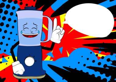 Yemek karıştırıcısı, yüzü olan bir çizgi film karakteri olarak bir noktaya parmak basıyor. Gıda işleme için elektrikli mutfak ekipmanları.