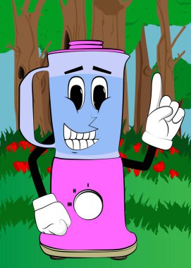 Yemek karıştırıcısı, yüzü olan bir çizgi film karakteri olarak bir noktaya parmak basıyor. Gıda işleme için elektrikli mutfak ekipmanları.