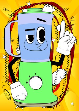 Yemek karıştırıcısı, yüzü olan bir çizgi film karakteri olarak bir noktaya parmak basıyor. Gıda işleme için elektrikli mutfak ekipmanları.