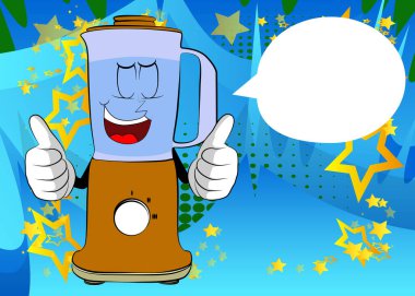 Yemek karıştırıcısı, yüzü olan bir çizgi film karakteri olarak iki eliyle baş parmak işareti yapıyor. Gıda işleme için elektrikli mutfak ekipmanları.