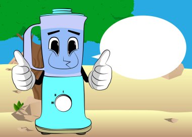 Yemek karıştırıcısı, yüzü olan bir çizgi film karakteri olarak iki eliyle baş parmak işareti yapıyor. Gıda işleme için elektrikli mutfak ekipmanları.