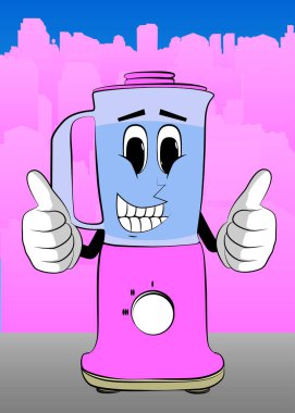 Yemek karıştırıcısı, yüzü olan bir çizgi film karakteri olarak iki eliyle baş parmak işareti yapıyor. Gıda işleme için elektrikli mutfak ekipmanları.