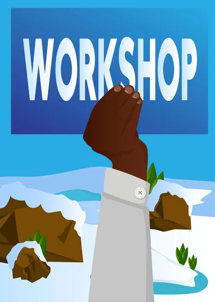 Banner Mão Segurando Com Texto Workshop Placa Papel Homem Mostrar — Vetor de Stock