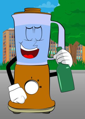 Yemek karıştırıcısı elinde yüzü olan bir çizgi film karakteri olarak bir şişe tutuyor. Gıda işleme için elektrikli mutfak ekipmanları.