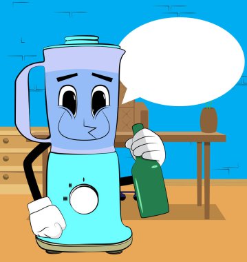 Yemek karıştırıcısı elinde yüzü olan bir çizgi film karakteri olarak bir şişe tutuyor. Gıda işleme için elektrikli mutfak ekipmanları.