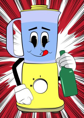 Yemek karıştırıcısı elinde yüzü olan bir çizgi film karakteri olarak bir şişe tutuyor. Gıda işleme için elektrikli mutfak ekipmanları.