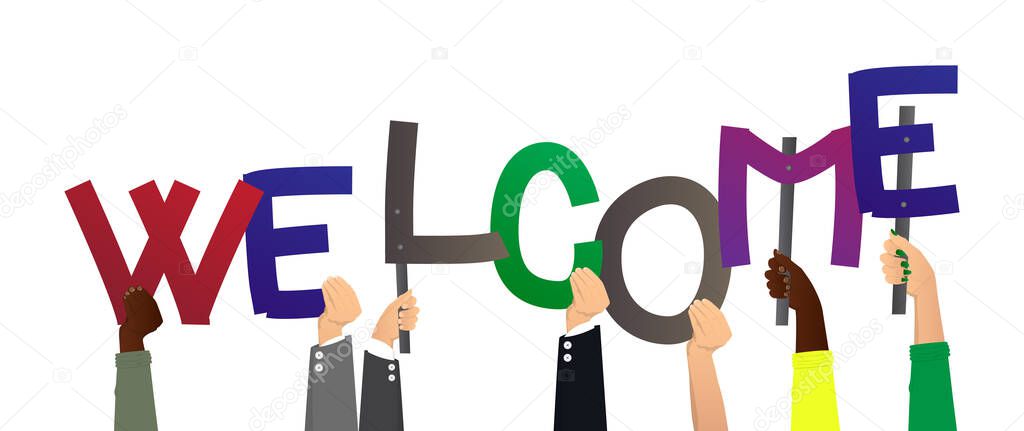 Hand holding Welcome paper text. Showing billboard. Colorful vector illustration.