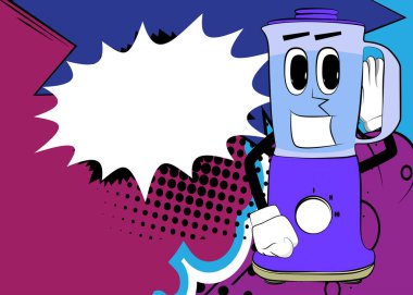 Food Blender, yüzü olan bir çizgi film karakteri gibi el ele tutuşup dinliyor. Gıda işleme için elektrikli mutfak ekipmanları.