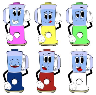 Food Blender, yüzü olan bir çizgi film karakteri gibi el ele tutuşup dinliyor. Gıda işleme için elektrikli mutfak ekipmanları.