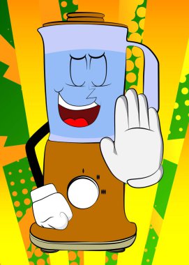 Yemek karıştırıcısı, yüz hatları olan bir çizgi film karakteri olarak el hareketini reddediyor ya da reddediyor. Gıda işleme için elektrikli mutfak ekipmanları.