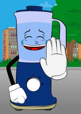 Yemek karıştırıcısı, yüz hatları olan bir çizgi film karakteri olarak el hareketini reddediyor ya da reddediyor. Gıda işleme için elektrikli mutfak ekipmanları.