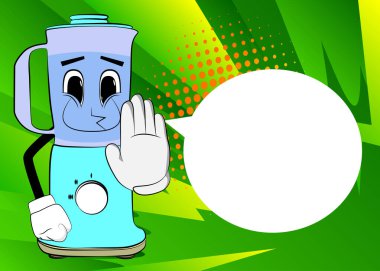 Yemek karıştırıcısı, yüz hatları olan bir çizgi film karakteri olarak el hareketini reddediyor ya da reddediyor. Gıda işleme için elektrikli mutfak ekipmanları.