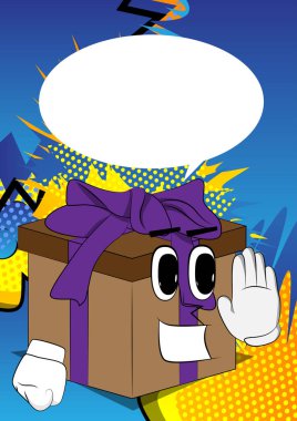 Karikatür karakteri olarak el hareketini reddet ya da reddet gösteren hediye kutusu. Tatil, mutlu yüz duygularıyla kutlama sürprizi..