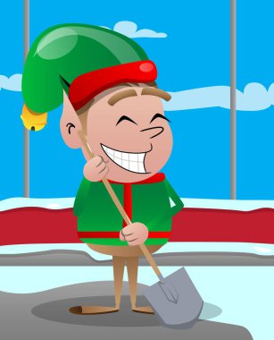Noel Elf 'i elinde kürekle. Vektör çizgi film karakteri çizimi Noel Baba 'nın küçük çalışanı, yardımcısı.
