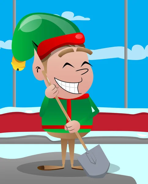 圣诞精灵拿着铲子圣诞老人的同事 助手的矢量卡通人物图解 — 图库矢量图片