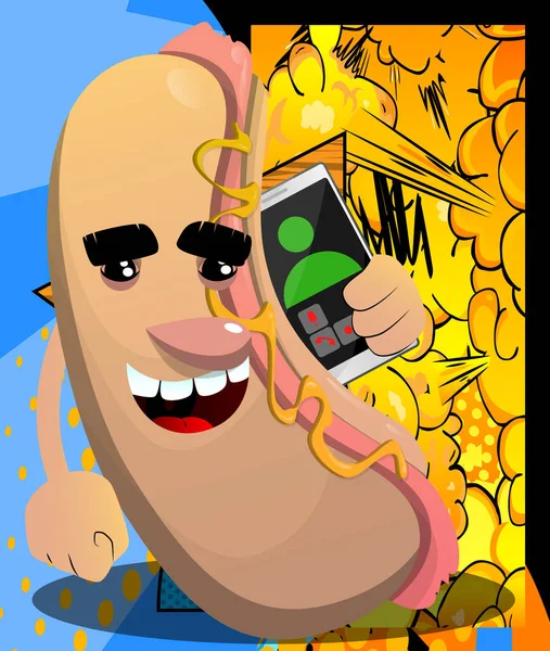 Hot Dog Qui Parle Sur Son Portable American Fast Food — Image vectorielle