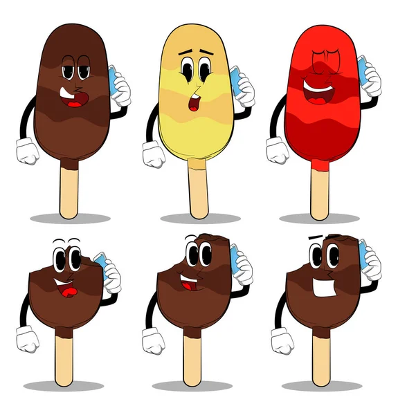 Ice Cream Talking Cell Phone Summer Refreshment Sweet Food Cartoon — Stock vektor