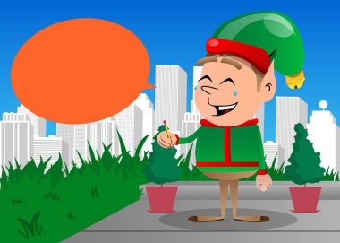 Noel Elf 'i kalem tutuyor. Vektör çizgi film karakteri çizimi Noel Baba 'nın küçük çalışanı, yardımcısı.