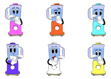 Yemek karıştırıcısı cep telefonunu yüzü olan bir çizgi film karakteri olarak kullanıyor. Gıda işleme için elektrikli mutfak ekipmanları.