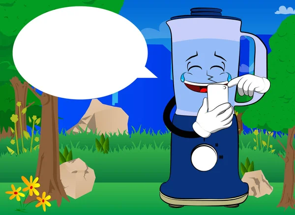 Yemek karıştırıcısı cep telefonunu yüzü olan bir çizgi film karakteri olarak kullanıyor. Gıda işleme için elektrikli mutfak ekipmanları.