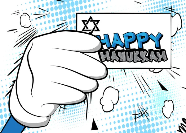 Ręka Trzymająca Sztandar Tekstem Happy Hanukkah Facet Pokazuje Billboard Podpisz — Wektor stockowy