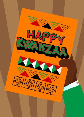 Mutlu Kwanzaa ile el ele tutuşmak! Mesaj at. Reklam panosu gösteren bir adam. Tatil, kutlama işareti..