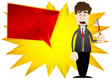 Kış için giyinmiş komik çizgi film adamı elinde diş fırçası tutuyor. Vektör illüstrasyonu.