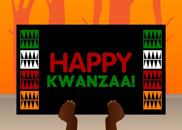 Hand Holding Banner Happy Kwanzaa Text Man Showing Billboard Holiday — Stock Vector