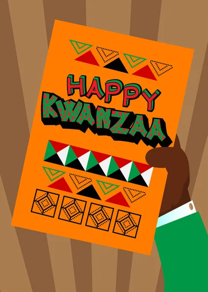 Hand Holding Banner Happy Kwanzaa Text Man Showing Billboard Holiday — Stock Vector