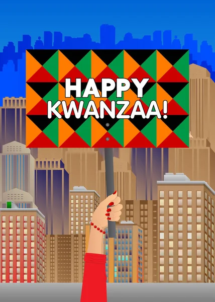 Hand Holding Banner Happy Kwanzaa Text Man Showing Billboard Holiday — Stock Vector