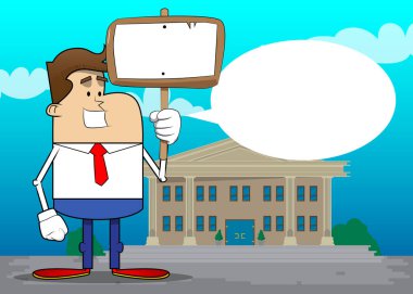 Elinde boş levha tutan bir iş adamının basit bir retro karikatürü. Profesyonel finans çalışanı. Kırmızı kravatlı beyaz gömlek giyiyor..