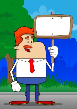 Elinde boş levha tutan bir iş adamının basit bir retro karikatürü. Profesyonel finans çalışanı. Kırmızı kravatlı beyaz gömlek giyiyor..