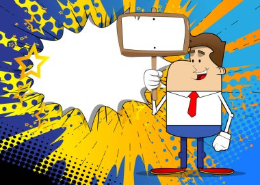 Elinde boş levha tutan bir iş adamının basit bir retro karikatürü. Profesyonel finans çalışanı. Kırmızı kravatlı beyaz gömlek giyiyor..