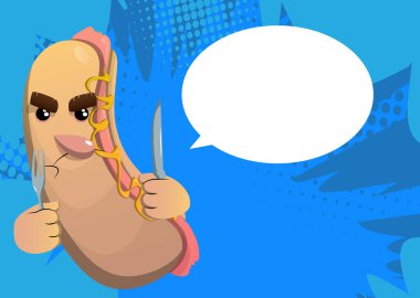 Hot Dog çatal bıçak tutuyor. Çizgi film karakteri olarak Amerikan fast food..