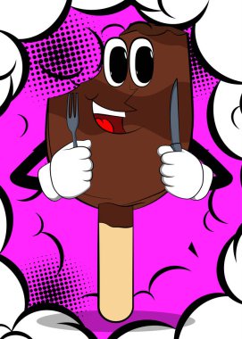 Dondurma elinde çatal ve bıçak tutuyor. Yaz tatili, tatlı yemekler, yüzü olan bir çizgi film karakteri gibi..