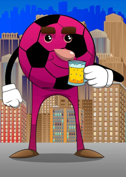 Soccer Ball Drinking Beer Traditional Football Ball Cartoon Character Face — Vetor de Stock
