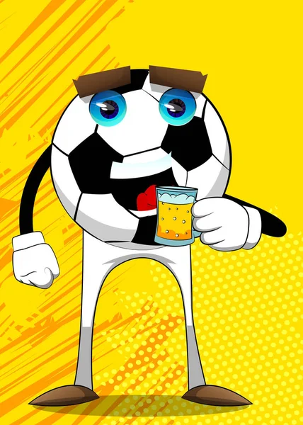 Soccer Ball Drinking Beer Traditional Football Ball Cartoon Character Face — Vettoriale Stock