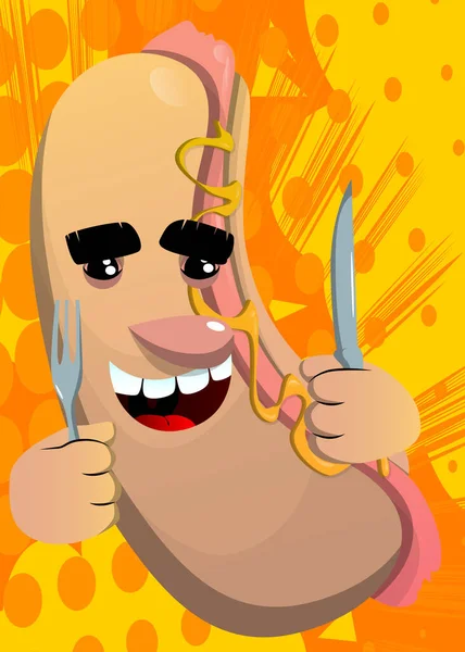 Hot Dog Holding Knife Fork American Fast Food Cartoon Character — стоковый вектор