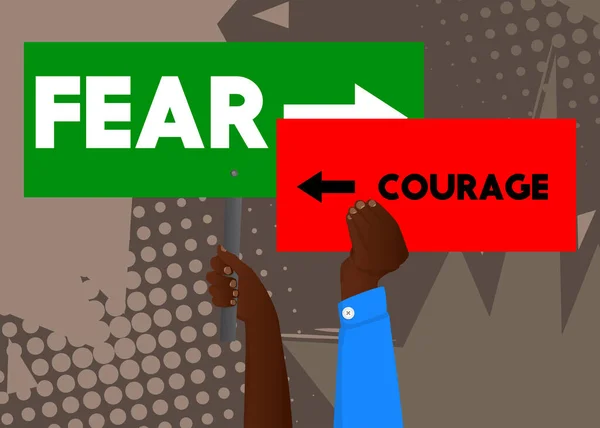 Hand Holding Banner Courage Fear Text Arrows Man Showing Billboard — ストックベクタ