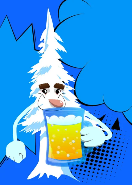 漫画の冬のビールを飲んで顔を松の木 かわいい森の木 雪の松の漫画のキャラクター 面白い休日のイラストベクトル — ストックベクタ
