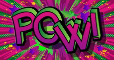 Bam! Hareket posteri. 4k animasyon çizgi roman kelime metni soyut çizgi roman arkaplanı üzerinde hareket ediyor. Retro pop sanat tarzı.