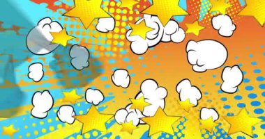 Bam! Hareket posteri. 4k animasyon çizgi roman kelime metni soyut çizgi roman arkaplanı üzerinde hareket ediyor. Retro pop sanat tarzı.