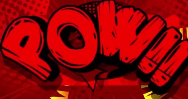 Bam! Hareket posteri. 4k animasyon çizgi roman kelime metni soyut çizgi roman arkaplanı üzerinde hareket ediyor. Retro pop sanat tarzı.