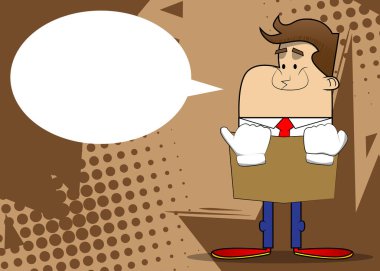 Bir iş adamının kitap okuyup arkasına saklandığı basit bir retro çizgi film. Profesyonel finans çalışanı. Kırmızı kravatlı beyaz gömlek giyiyor..