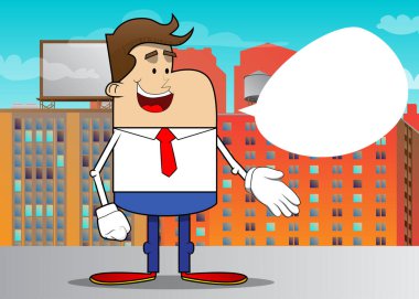 Bir iş adamının yardım ettiği basit bir retro çizgi film. Profesyonel finans çalışanı. Kırmızı kravatlı beyaz gömlek giyiyor..