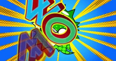 Vay canına. Hareket posteri. 4k animasyon çizgi roman kelime metni soyut çizgi roman arkaplanı üzerinde hareket ediyor. Retro pop sanat tarzı.