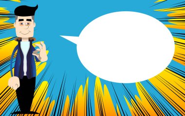 Kış için giyinmiş komik çizgi film karakteri, tamam işareti gösteriyor. Vektör illüstrasyonu.