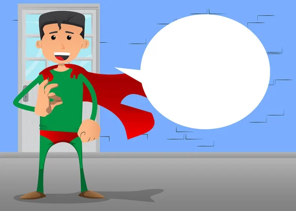 Homem Engraçado Dos Desenhos Animados Vestido Como Super Herói Mostrando —  Vetores de Stock