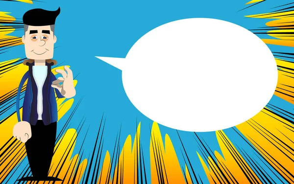 Kış için giyinmiş komik çizgi film karakteri, tamam işareti gösteriyor. Vektör illüstrasyonu.